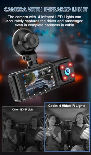 Dash Cam Front and Rear Camera 3 Channel 2.5K+1080P+1080P, Dash Cam Front and Inside Camera Included 64GB Card, Dash Camera for Cars with Infrared Night Vision, Parking Monitor, Accident Lock