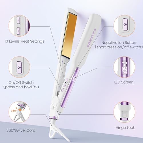 Faszin Professional Hair Straightener, 1.65inch Wide-Plate, Titanium Negative Ion Flat Iron, 30s Rapid Heating, LED Real-Time Temp Display, Wide Voltage & 10 Adjustable Temperature Levels (260-450℉)