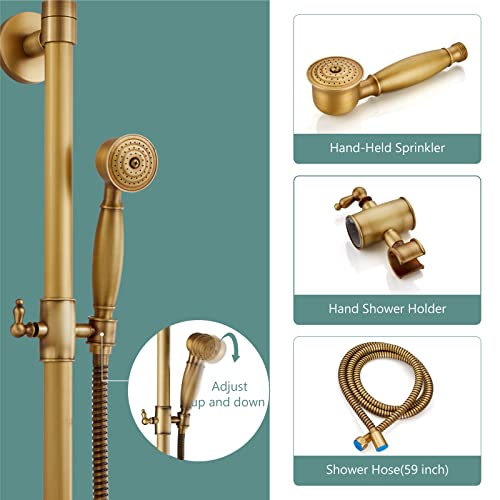 Dual Functions Exposed Pipe Shower System Round 8 Inch Rainfall Shower Head Brass Fixture Combo Set Two Handles Bathroom Shower Faucet Adjustable Showerhead Bar,Antique Brass
