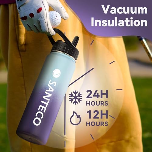 SANTECO Water Bottle 24 oz, Vacuum Insulated Stainless Steel Bottle with Straw Handle Lid, Leakproof Bottles, Wide Mouth Easy Clean, Keep Drinks Hot & Cold for Gym, Camping, Hiking, Blue Purple