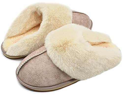 KuaiLu Womens Slippers, Fluff Dual Memory Foam Slippers Ladies Cozy Arch Support Warm Scuff Slippers Slip on Comfy Winter House Shoes with Non-Slip Indoor Outdoor Hard Sole New-Beige 6