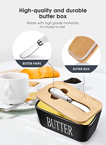 AISBUGUR Butter Dish with lid Ceramics Butter Keeper Container with Knife and High- quality Silicone Sealing Butter Dishes with Covers Good Kitchen Gift, Set of 2, Black