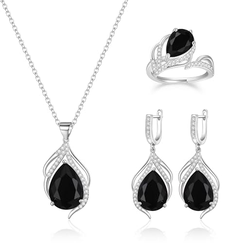 EleQueen Bridal Wedding Jewelry Sets for Bride Bridesmaid, Cubic Zirconia Silver-Tone Teardrop Crystal Pendant Necklace Dangle Earrings Open Rings Set Black Silver-Tone