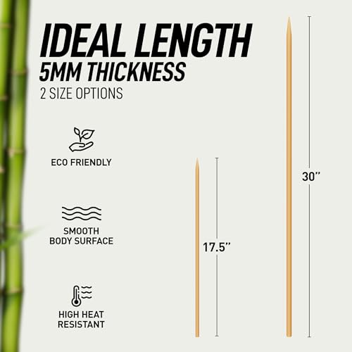 Zulay Kitchen Authentic Bamboo Skewers - 100, 6" Roasting Sticks - 5mm Heavy-Duty Bamboo Skewers - Thick Bbq Sticks - Ideal for Grilling & Camping