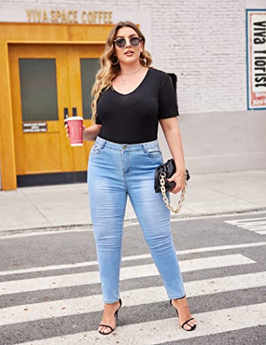 IN'VOLAND Women's Bodysuit Plus Size Sexy V Neck Bodysuits Leotards Solid Basic Top T Shirt Jumpsuits