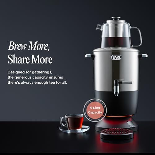 SAKI Chaiovar Electric Samovar - 4L Stainless Steel Electric Tea Maker, Temperature Display, Large Ceramic Teapot, Boil Dry & Auto Shut Off, Best for Persian, Russian, and Turkish Tea (Silver)