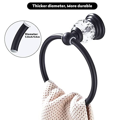 WINCASE Crystal Towel Ring, Black Hand Towel Holder, Bathroom Round Towel Hanger Racks Wall Mount Matte Black