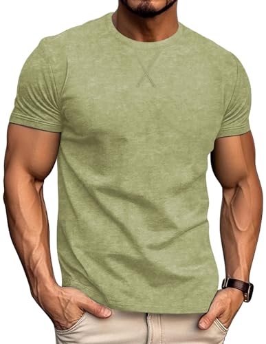 LOGEEYAR Men's Athletic Washed T-Shirts Basic Crew Neck Tees Tops Causal Distressed Cotton T Shirts for Men Army Green