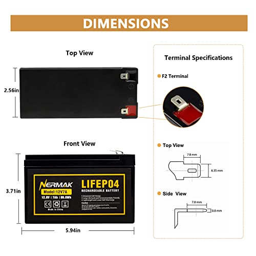 NERMAK 12V 7Ah (7.2Ah) Lithium LiFePO4 Deep Cycle Battery, 2000+ Cycles Lithium Iron Phosphate Rechargeable Battery for Solar Powar, Lighting, Power Wheels, Fish Finder and More, Built-in 8A BMS