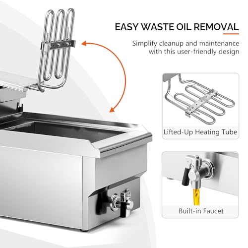 ROVSUN 12.5QT/11.8L Electric Deep Fryer w/Frying Basket, Timer, Drain, & Lid, Commercial Countertop Single Tank Frying Machine, Adjustable Temperature, for French Fries Donuts Onion Rings, 1700W 110V