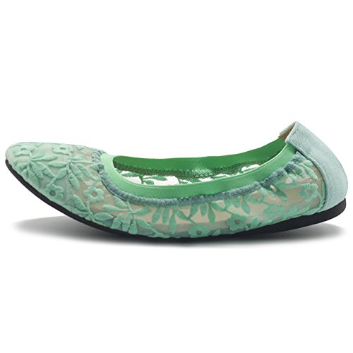 Ollio Womens Shoes Floral Embroidery Lace Slip On Comfort Light Ballet Flat ZM1712F (6 B(M) US, Mint)