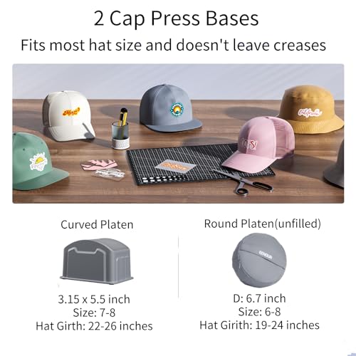 EENOUR Hat Press Machine, Mini Heat Press for Caps with 3 Heating Levels & Auto-Off, Handheld Cap Easy Press with 3"×5.5" Arched Heating Plate for 6-8 Hat Size, 19-26 Girth