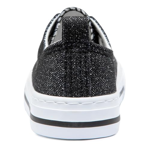 HugRain Toddler Girls Sneakers Walking Shoes Kids Child Sparkle Glimmer Fashion Glitter Adorable Lace Up Lightweight Low Top Non-Slip Outdoor Black Size 8