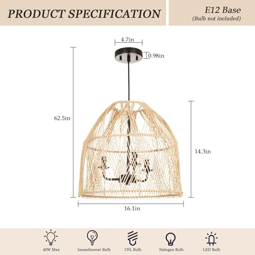 Rosient Farmhouse Rattan Pendant Light Fixture, 16 Inch Large Boho Handwoven Hanging Ceiling Mount Lamp Shade, 3-Light Rustic Wicker Chandelier for Kitchen Dining Living Room Bedroom Hallway Foyer