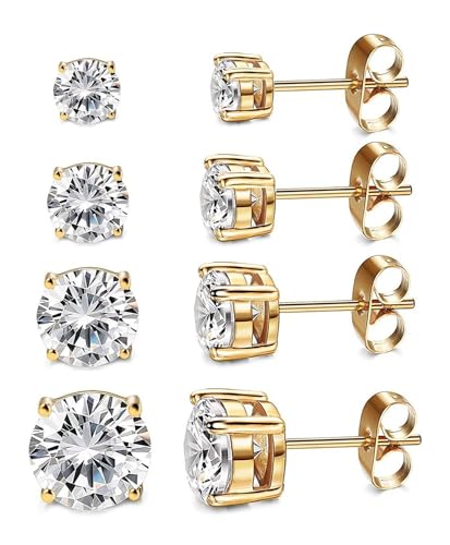 Gold Studs Earrings for Women Men,Hypoallergenic 14K Gold Plated 316L Stainless Steel Earrings Studs 3-4-5-6mm Cubic Zirconia Simulated Diamond Round CZ Ear(4Pairs-Gold)