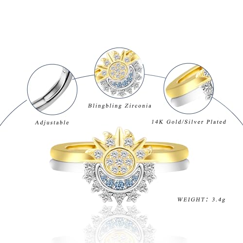 Sun and Moon Ring Set Stackable Rings for Women, Adjustable Celestial Jewelry Anillos Para Mujer Matching Rings as Friendship Best Friend Gifts for Teens, Gold and Silver Birthday Gifts for Girls