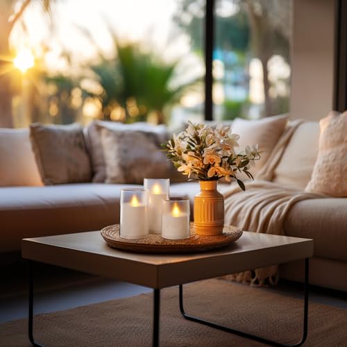 Homemory Realistic Flickering Flameless Candles with Dancing Flame, LED Candles, Battery Operated Candles with Remote and Timers, Frosted Acrylic, Outdoor Waterproof, Ivory, Set of 3