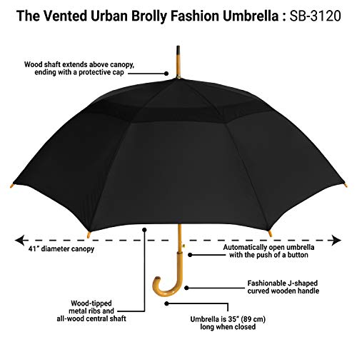 The Vented Urban Brolly 48" Arc Automatic Open Large Windproof Golf Umbrella, Classic Umbrella with Wooden J Handle, Vintage Style Lightweight Long Curved Handle Umbrella for Rain - Black