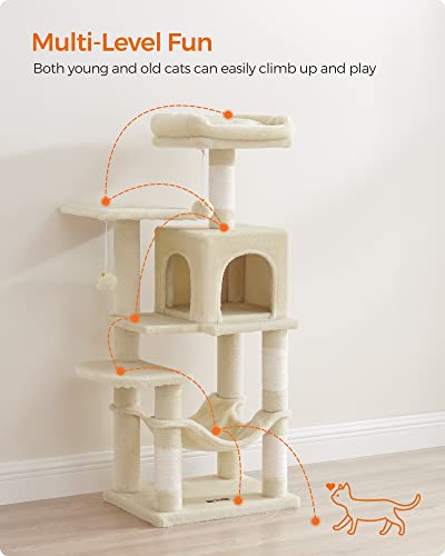 Feandrea Cat Tree, 44.1-Inch Cat Tower for Indoor Cats, Multi-Level Cat Condo with 4 Scratching Posts, 2 Perches, Hammock, Cave, Beige UPCT261M01