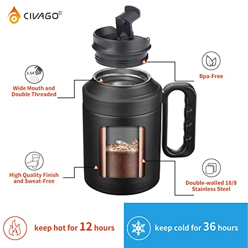 CIVAGO 50 oz Insulated Tumbler Mug with Lid and Straw, Vacuum Travel Coffee Mug with Handle, Double Wall Stainless Steel Water Cup Bottle, Red