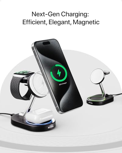 Intoval Fast Charging Station for Magsafe Apple Devices, Wireless Charger for MagSafe iPhones, 3 in 1 Magnetic Charger Stand for iPhone 15/14/13/12, Apple Watch & AirPods. (Black)