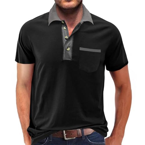 Lexiart Mens Fashion Short Sleeve Polo Shirts Splice Button Collar Regular-Fit Tshirts with Pocket Black