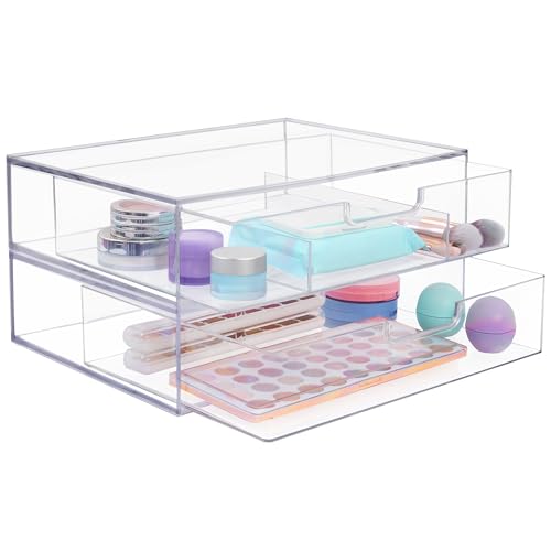 STORi Sofia 12.5” Wide Clear Stackable Open & Divided Storage Drawers, 2 Pack Plastic Organizer Bins for Makeup Palettes, Cosmetics, & Beauty Supplies, Vanity, Bathroom, Desk Organization, Made in USA