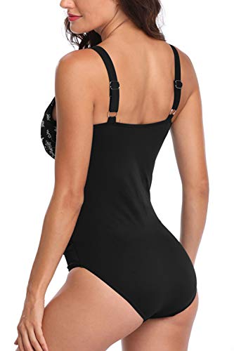 PERONA Women's One Piece Swimsuit Tummy Control V Neck Bathing Suit Vintage Printed Swimwear Pink