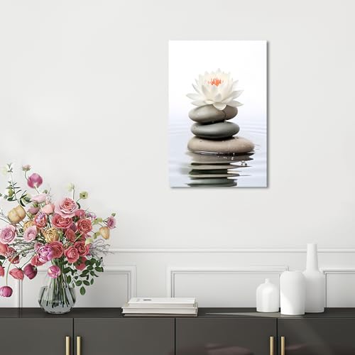 QIXIANG White Lotus Flower Canvas Wall Art Zen Stone Lotus Reflected on the Water Picture Prints for Serene Home Zen Enthusiasts Home Framed(Lotus-A,12.00" x 18.00")