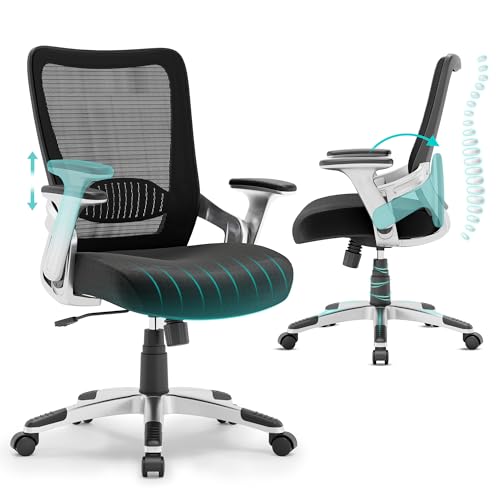 Ergonomic Office Desk Chair, Mesh Computer Gaming Chair with Adjustable Flip-Up Arms, Lumbar Support, Tilt Function, Comfy Wide Seat, Swivel Wheel, Sturdy Big and Tall Task Chairs for Adults Students