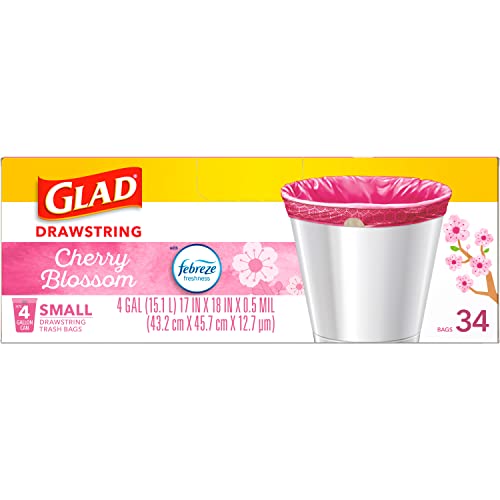 Glad Odorshield Small Drawstring Trash Bags, 4 Gal, Pink, Cherry Blossom, 34 Ct, Pack May Vary