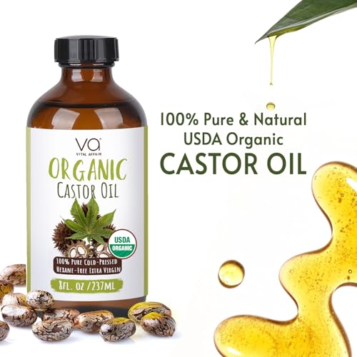Pure Castor Oil Organic Cold Pressed Unrefined Glass Bottle-USDA Certified Organic Castor Oil Cold Pressed Glass Bottle For Castor Oil Pack Wrap-Castor Oil For Face,Hair Growth,Eyelashes,Eyebrows-8oz