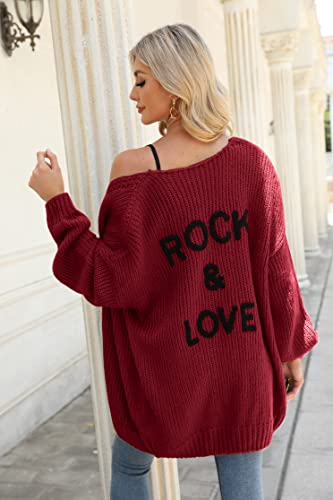 PRETTYGARDEN Casual Loose Open Front Womens Sweaters Fall Lightweight Midi Long Cardigan for Women Back Letters (Wine Red, Medium)