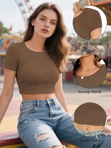 Syhood 4 Pack Summer Crop Tops for Women Basic Tight Short Sleeve Cute Trendy Scoop Neck Crop Tops for Women or Teen Girls(Medium,Black, White, Pink, Blue)