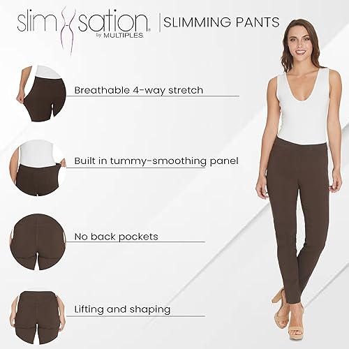 SLIM-SATION Women's Wide Band Regular Length Pull-on Straight Leg Pant with Tummy Control, Chocolate, 4