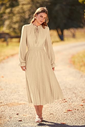 PRETTYGARDEN Spring Fall Dress for Women Elegant Long Sleeve Pom Pom V Neck Pleated Midi Flowy Dresses (Light Green,Medium)