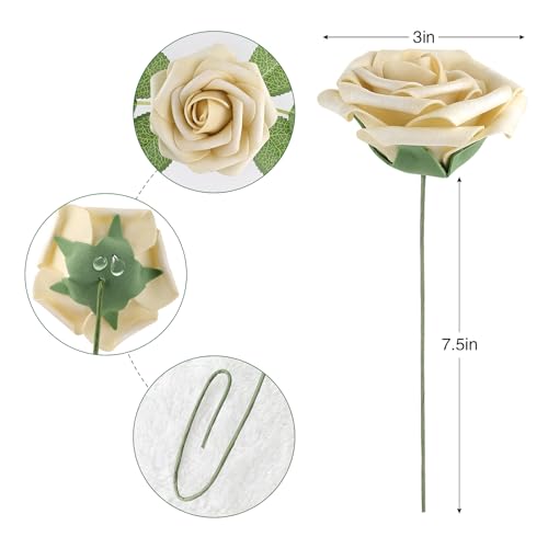 AmyHomie Artificial Flower Ivory Rose 25pcs Real Looking Fake Roses w/Stem for DIY Wedding Bouquets Centerpieces Arrangements Party Baby Shower Home Decorations