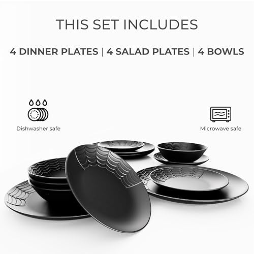 Nomnu Spiderweb Dinnerware Set (12 Pieces) - 4 Dinner Plates, 4 Salad Plates, 4 Bowls - Black Matte Porcelain Gothic Dinnerware Set - Spider Gothic Plates Halloween Dishes Spooky Creepy Goth Gifts