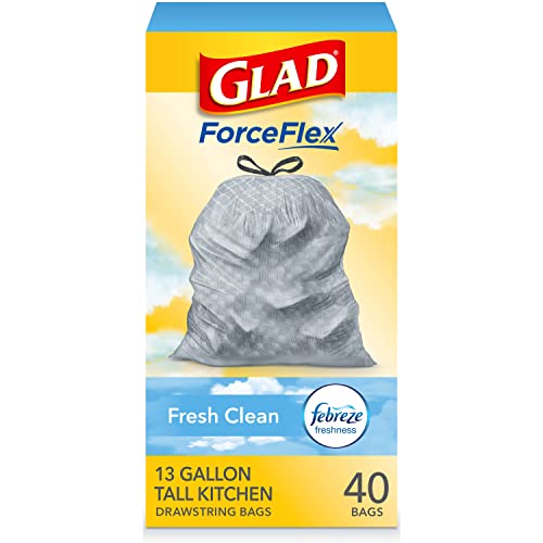 Glad Trash Bags, ForceFlex Tall Kitchen Drawstring Garbage Bags, Fresh Clean, 13 Gal, 40 Ct (Package May Vary)