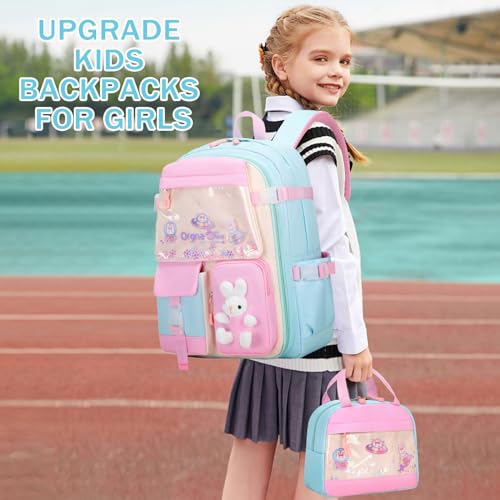 FIXITOK Girls Backpack Set, 3PCS Kids Backpack for Girls, Kawaii Bunny School Backpacks for Girls Kindergarten Elementary Preschool Middle School Bags with Lunch Box Pencil Case Aquamarine