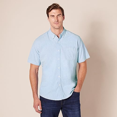 Amazon Essentials Men's Regular-Fit Short-Sleeve Pocket Oxford Shirt, Blue, X-Small