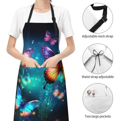 Abstract Butterflies Apron with Pockets - Butterfly Art Apron Galaxy Animal Painting Bib Apron for Kitchen Cooking Chef Grill Bistro Baking BBQ