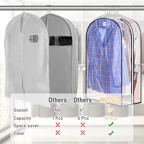 MISSLO 32" All Clear Garment Bags for Hanging Clothes 10" Gusseted Suit Bags for Closet Storage Suit Cover Bags Hanging Clothes Storage Bag for Shirts, Coats, 3 Packs