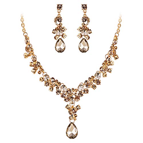 EVER FAITH Rhinestone Crystal Bridal Feast Floral Teardrop Necklace Earrings Set Champagne Rose Gold-Tone