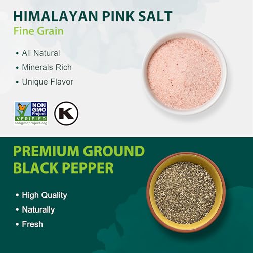 Soeos Himalayan Pink Salt Fine 39 oz + Ground Black Peppercorns 18 oz,Salt and Pepper for Grinder Refill