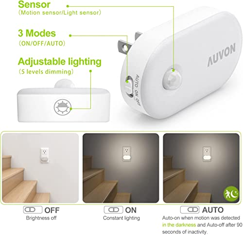 AUVON Night Light Plug in, Bright Motion Sensor Night Light (120 Lumens), Dimmable Cool LED Night Lights Plug Into Wall, 1-120lm Brightness Nightlight for Bathroom, Hallway, Garage (4pack)