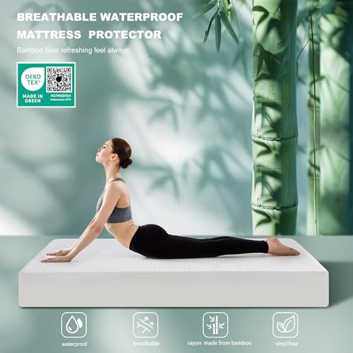 GRT Waterproof Mattress Protector, Breathable 3D Air Fabric Cooling Rayon Made from Bamboo Mattress Cover, Smooth Soft Noiseless Mattress Pad Machine Washable, Fitted 8''- 26'' Deep Pocket