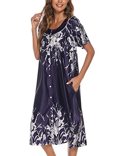 YOZLY House Dress for Women Short Sleeve House Coat Mumu Duster Robe with Pockets, Navy, Large
