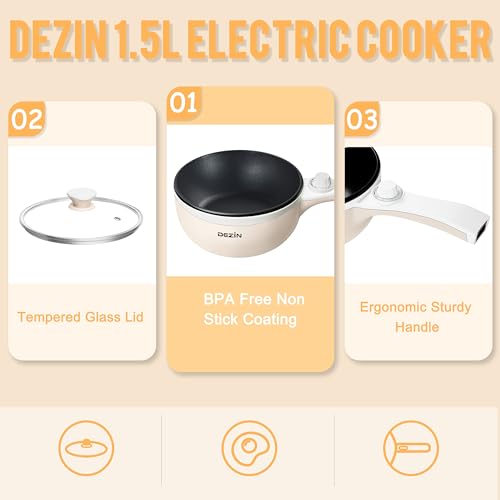 Dezin Hot Pot Electric Upgraded, Non-Stick Sauté Pan, Rapid Noodles Electric Pot, 1.5L Mini Portable Hot Pot for Steak, Egg, Fried Rice, Ramen, Oatmeal, Soup with Power Adjustment(Egg Rack Included)