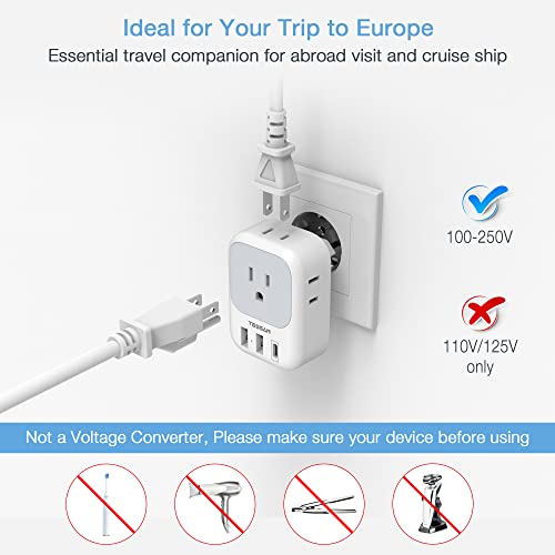 TESSAN 3 Pack European Travel Plug Adapter USB C, US to Europe Power Adapter with 4 AC Outlets and 3 USB (1 USB C), Euro Charger Adaptor Type C for USA to EU Spain France Iceland Italy Germany Greece